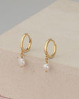 Gold Pearl Huggie Hoop Earrings - HLcollection - Handmade Gold and Silver Jewelry