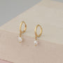 Gold Pearl Huggie Hoop Earrings - HLcollection - Handmade Gold and Silver Jewelry
